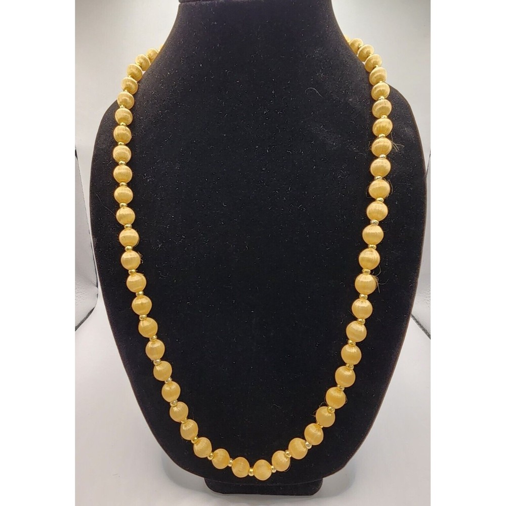 Vintage Tan Beaded Necklace Matte Gold Tone Strand Retro Statement Jewelry